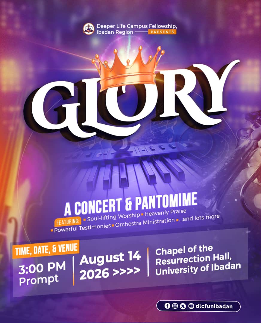 dlcfIbregion's tweet photo. 👑 GLORY is not just a theme; it is an encounter.

Come experience:
🎶 Spirit-filled Worship
 ✨ Pantomime
🎻 Orchestra Ministrations
🙌 Powerful Testimonies

Don't just hear about His glory, come behold it.

📅 Aug. 14, 2026 | 🕒 3:00 PM
📍 Chapel of the Resurrection Hall, UI https://t.co/solqe6ymb8