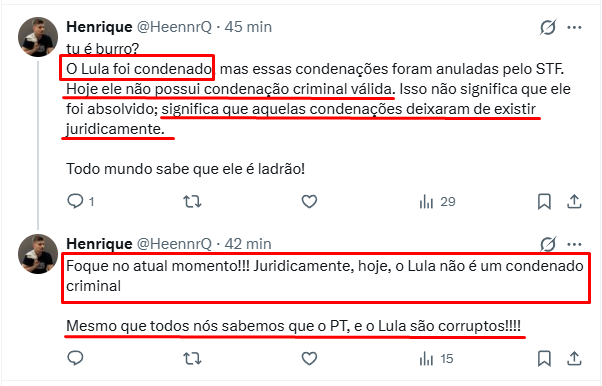 HeennrQ's tweet photo. @Guilhermeoleft @JeffreyChiquini Vou tentar explicar de novo
Eu disse que o Lula foi condenado. Isso é um fato!

PORÉM juridicamente, hoje ele não é condenado, porque as condenações foram anuladas pelo STF (Corrupto). Isso é um FATO JURÍDICO

No JURIDICO, hoje o Lula não possui condenação criminal válida

MULA! https://t.co/kbRTB53Jik