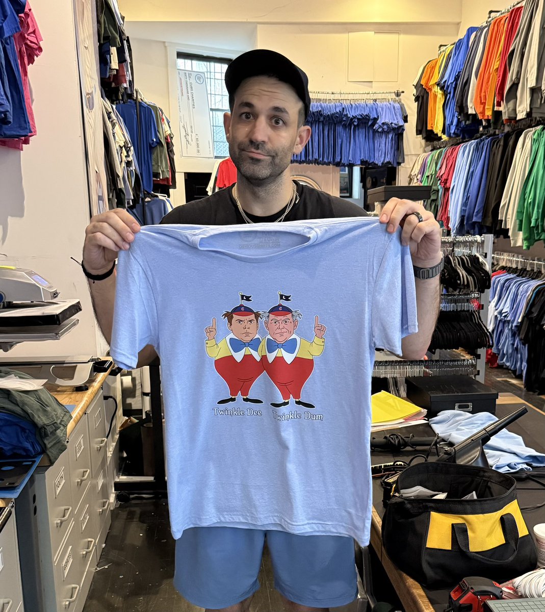 obvious_shirts's tweet photo. If this post gets 1,423 likes, I’ll sell the infamous Twinkle Dee &amp; Twinkle Dum shirt and donate all of the proceeds to Theo’s Charity, a charity of Jed’s choosing and a charity of Bruce’s choosing. https://t.co/z27yKoD5JR