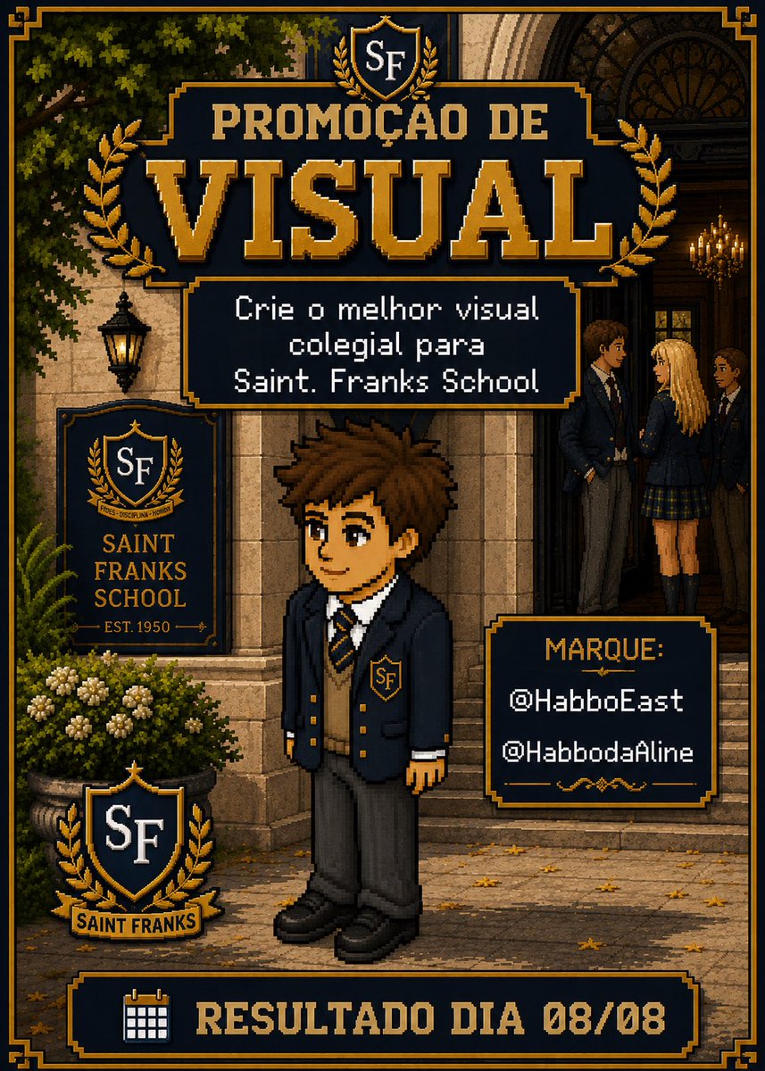 HabboEast's tweet photo. ⚜️ PROMOÇÃO DE VISUAL ⚜️
SAINT FRANKS SCHOOL FOR BOYS 

Crie o seu visual, seguindo todas as regras! 
Poste marcando @HabboEast e @habbodaaline 

🏆PREMIAÇÃO: 
Primeiro Lugar: 1 HC + Barra + troféu 
Segundo Lugar: 1 sacola 20c + troféu 
Terceiro Lugar: 1 sacola 20c + troféu https://t.co/381jagLdBP