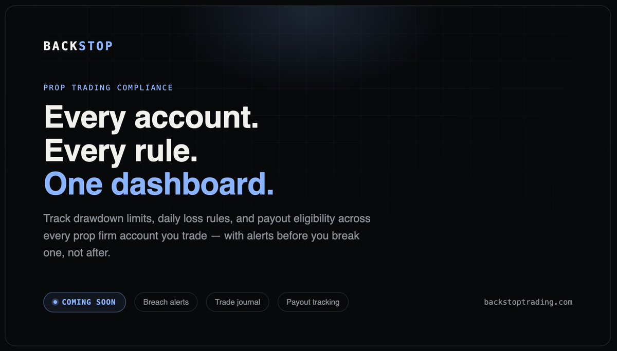BackstopTrading's tweet photo. Trading multiple prop firm accounts? Backstop tracks every rule, every account, every payout — in one dashboard. Breach alerts before you blow an account, not after. Coming soon. 🛡️📈
#PropTrading #FuturesTrading #TradingTools https://t.co/uMsMHYCWBb