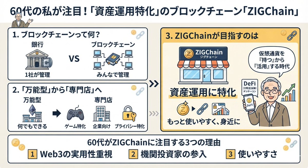 shigeru135's tweet photo. 60代の私が「これは面白い」と思ったブロックチェーンがあります。

それが**ZIGChain（ジグチェーン）**です。

仮想通貨の世界は、新しいプロジェクトが毎日のように生まれては消えていきます。

正直、全部を追いかけるのは大変です。

それでも、このプロジェクトを知ったときは「考え方に筋が通っているな」と感じました。

今日は初心者の方にもわかるように、できるだけ難しい言葉を使わずにお話しします👇

まず、「ブロックチェーンって何？」というところから。

一言でいえば、

「みんなで共有して管理するデジタルの記録帳」

です。

銀行では送金の記録を銀行が管理していますが、ブロックチェーンでは世界中のコンピューターが同じ記録を共有して管理します。

だから、一つの会社や組織だけに頼らず運営できる仕組みなんですね。

そして、このブロックチェーンにも得意分野があります。

有名なイーサリアムはゲーム、NFT、金融など何でもできる万能型。

一方で最近は、

✅ゲーム特化
✅企業向け特化
✅プライバシー特化
というように、「専門店」のようなブロックチェーンが増えています。
その中でZIGChainが目指しているのは、

「資産運用に特化したブロックチェーン」

です。

ここが一番面白いと思ったポイントでした。

仮想通貨は、ウォレットに入れて持っているだけでは基本的に増えません。

そこで登場するのがDeFi（分散型金融）。

銀行を通さず、ブロックチェーン上で資産を貸したり運用したりできる仕組みです。

でも現状のDeFiには、

「難しすぎる」
「操作が複雑」
「初心者にはハードルが高い」

という課題があります。

ZIGChainは、その資産運用をもっと使いやすく、もっと身近にすることを目指しています。
つまり、
「仮想通貨を持つだけで終わらせず、活用できる世界をつくる」

という発想です。

では、なぜ今注目されているのでしょうか？

理由は3つあります。

① Web3が「実用性重視」の時代になってきたこと。

以前は「新しい技術だから」という理由だけで評価されるプロジェクトも多くありました。

でも今は、

「本当に役立つの？」

という視点で見られる時代です。

専門性を持つチェーンは、その流れに合っています。

② 機関投資家が増えていること。

大手金融機関は、投機よりも「安心して資産を運用できる仕組み」を求めています。

資産運用に特化したインフラは、そのニーズにも重なります。

③ 使いやすさが重視されるようになったこと。

どれだけ優れた技術でも、難しければ広まりません。

一般の人でも使いやすいサービスを目指している点も評価されている理由の一つです。

私が長年生きてきて感じることがあります。

「何でもできます」というお店より、

「これだけは誰にも負けません」

という専門店の方が、長く愛されることが多いんですよね。

革製品専門の修理店。

包丁専門店。

老舗の和菓子屋。

こうしたお店には、遠くからでもお客さんが来ます。

ブロックチェーンも同じかもしれません。

「資産運用ならZIGChain」

そんな存在になれたら、とても面白いと思います。

もちろん、将来成功する保証はありません。

仮想通貨は価格変動が非常に大きく、どんなプロジェクトでも失敗する可能性があります。

だから私は、

「理解できるものにだけ投資する」

これを一番大切にしています。

分からないまま買わない。

生活資金ではなく余剰資金で考える。

この2つは忘れないようにしています。

今回お伝えしたかったのは、

「買った方がいい」

という話ではありません。

「こんな考え方のブロックチェーンがあるんだ」

という情報共有です。

私自身、60代になってWeb3を学び始めましたが、難しそうに見える世界も、一つずつ仕組みを知ると少しずつ面白くなってきます。

皆さんはZIGChainをご存じでしたか？

「面白そう」
「まだよく分からない」
「もう少し調べてみたい」

ぜひコメントで教えてください😊

一緒にWeb3を学んでいきましょう。

※本投稿は情報提供を目的としており、投資を勧誘するものではありません。暗号資産への投資は、ご自身の判断と責任でお願いします。