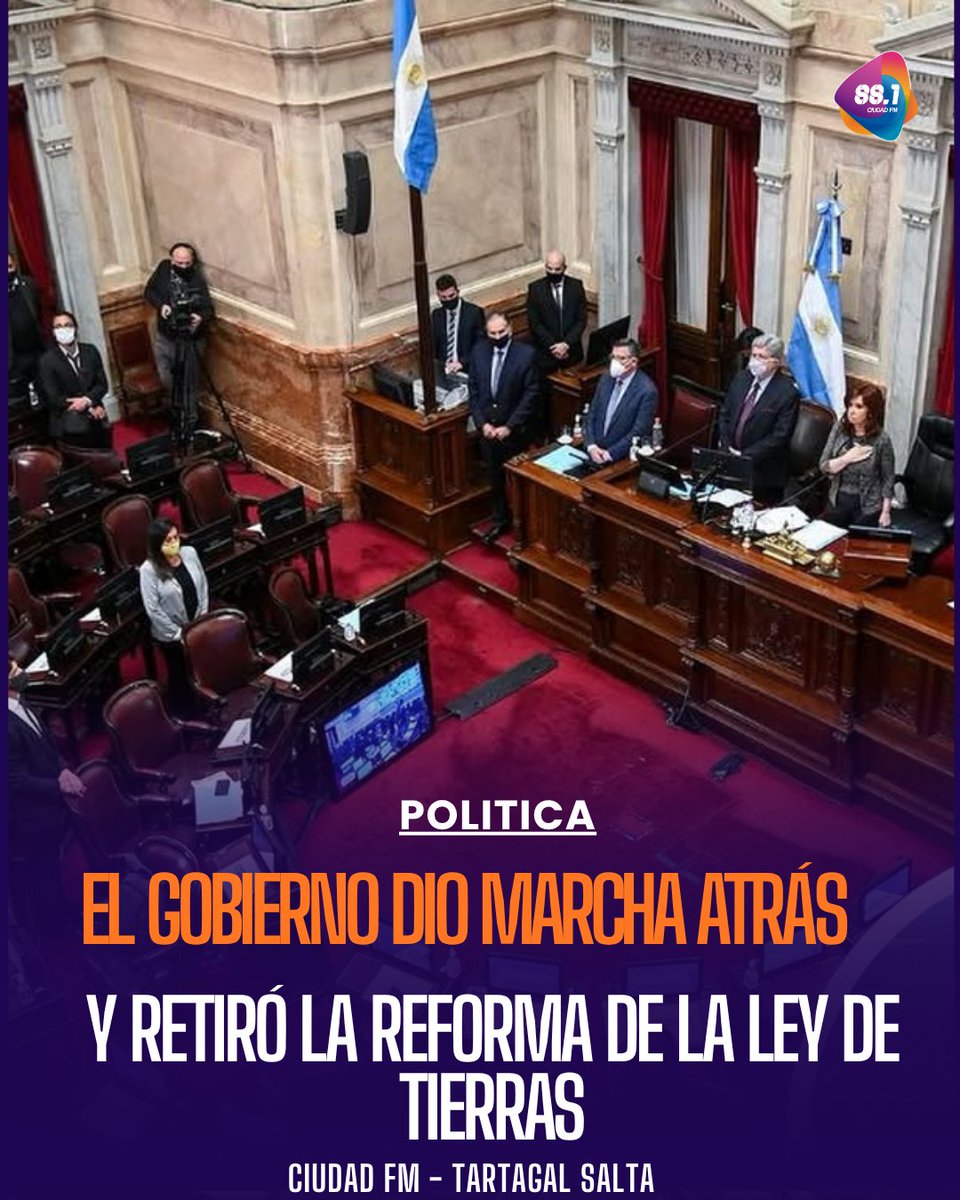 ciudadfm881's tweet photo. 🟣El Gobierno dio marcha atrás y retiró la reforma de la Ley de Tierras.
Ante la falta de votos y la fuerte presión de los bloques aliados, el oficialismo dio un paso al costado y retiró del debate en el Senado el polémico capítulo sobre la Ley de Tierras #LeyDeTierras #Senado https://t.co/ec0ZNfVkcZ