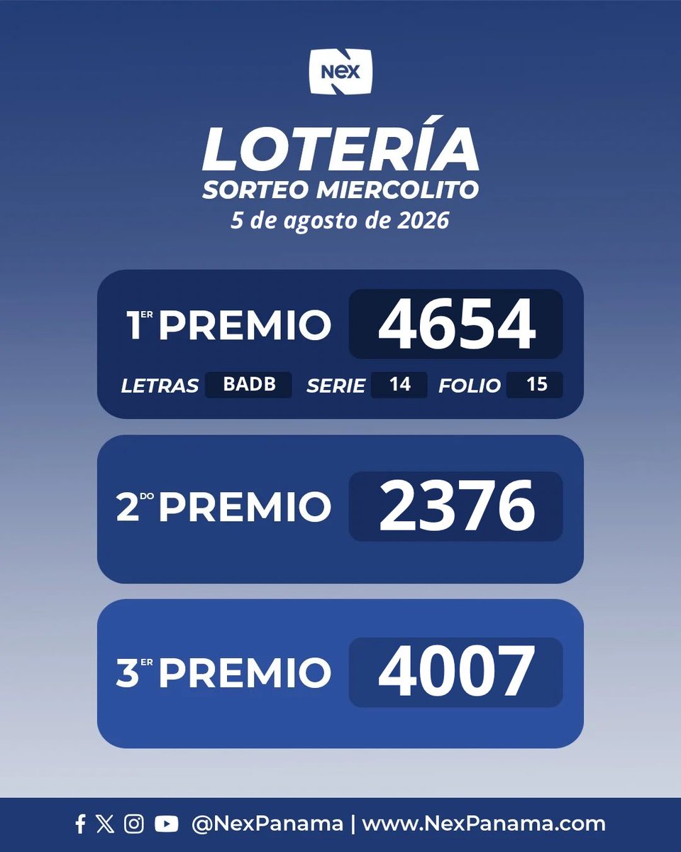 NexPanama's tweet photo. Resultado oficial del Sorteo Miercolito, 5 de agosto de 2026
#nexpanama #nex https://t.co/ixVpRwzFup