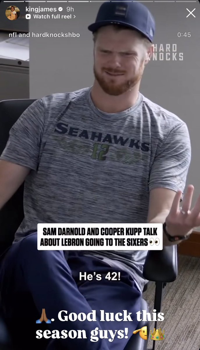Bronupdates's tweet photo. LeBron reposted Sam Darnold and Cooper Kupp defending his move to the Sixers and shutting down the “ring-chasing” narrative. 

“Everyone’s like, ‘Oh, he’s going to a stacked team.’ He’s 42! He can go wherever he wants. Any free agent can do that.” https://t.co/xSmET79CzY