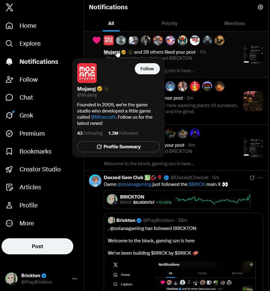 PlayBrickton's tweet photo. It appears we have the creators of minecraft @Mojang now keeping tabs on $BRICK 👀 https://t.co/xjPRw13Mo2