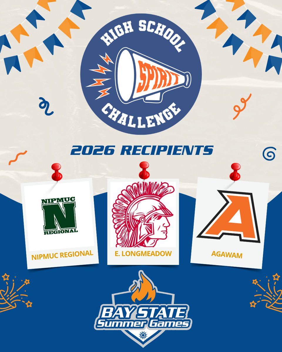 BayStateGames's tweet photo. 📢 The results are in. The 2026 Bay State Games HS Spirit Challenge winners are... 🥁

Small: Nipmuc Regional High School

Medium: East Longmeadow High School

Large: Agawam High School

Congratulations! https://t.co/fbIiL90C5s