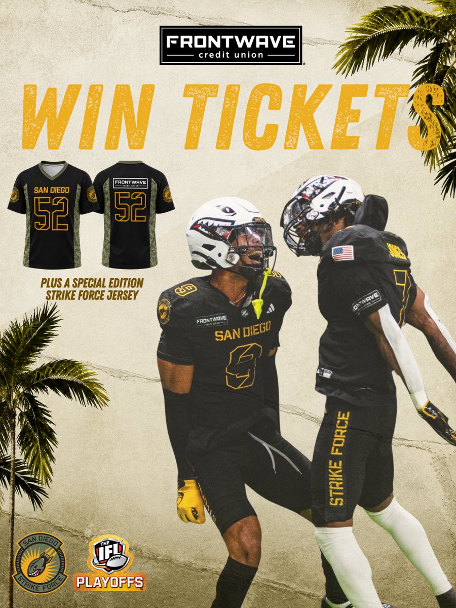 FrontwaveCU's tweet photo. 🏈⚡ PLAYOFFS. LET'S GO. ⚡🏈

The San Diego Strike Force are playoff bound, and Frontwave Credit Union is sending one lucky winner + 3 friends to the game!

Head to our instagram to enter: https://t.co/n22SAIshm9 https://t.co/sq9MRmAbRG