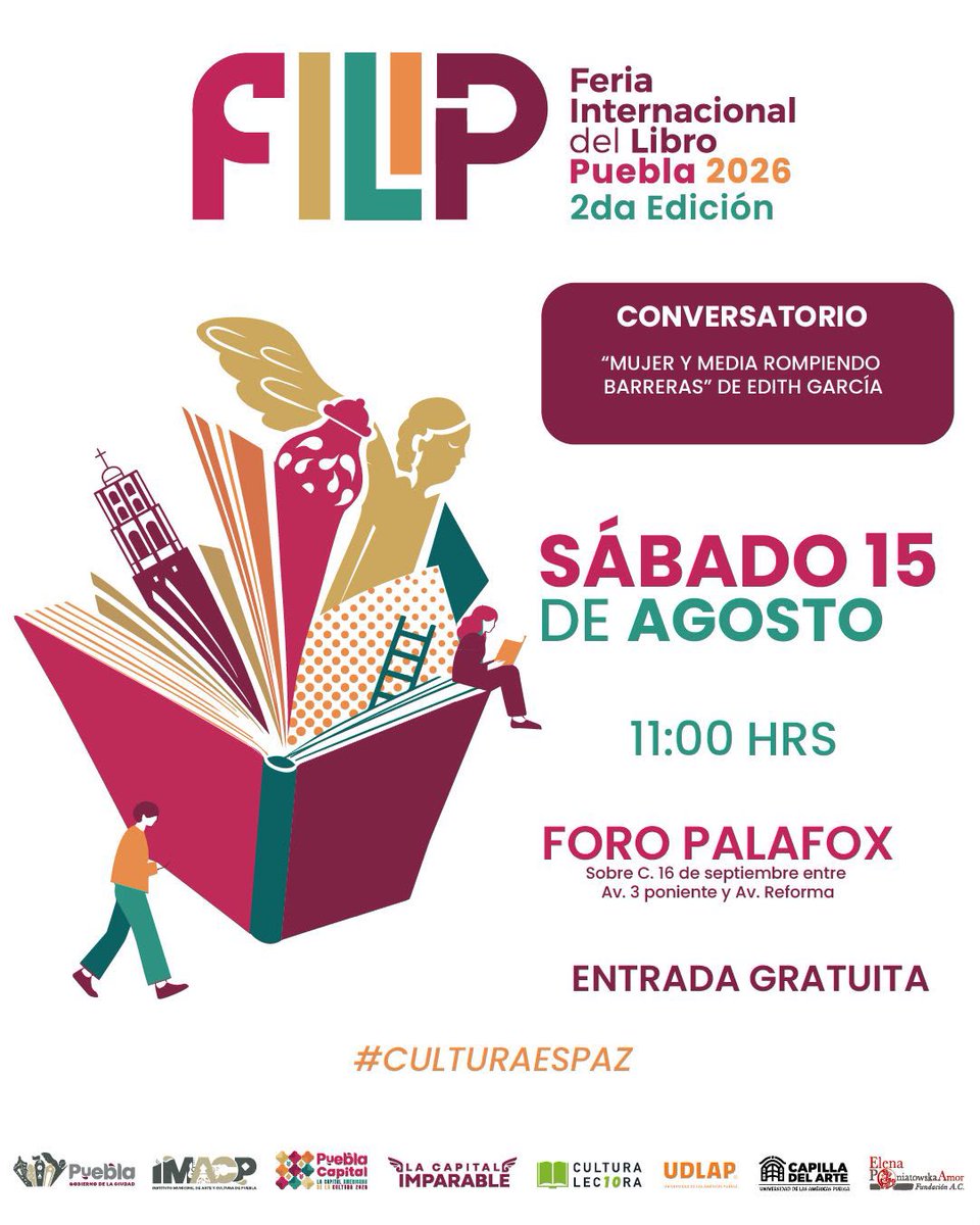 IMACP's tweet photo. 📖 | Conversatorio, libros y grandes historias en la #FILIP2026.📚

Vive una jornada llena de literatura, inspiración y nuevas voces en #PueblaCapitalAmericanadelaCultura2026. 🗣️       

🗓️ 15 Agosto. 
📍 Foro Palafox. https://t.co/q9mv1RV37r