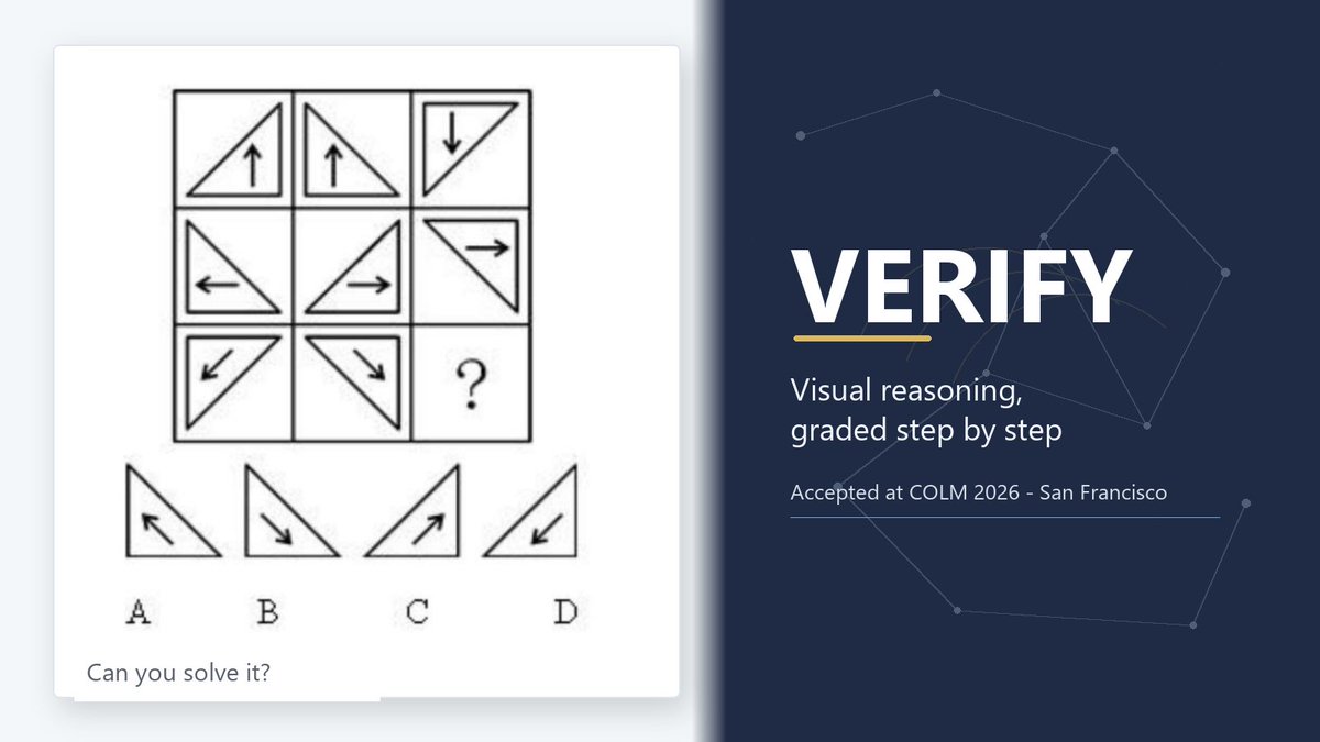 ali_vosough's tweet photo. Our benchmark VERIFY was accepted at COLM 2026.

600 puzzles, each with a human-annotated reasoning path: we grade how models reason, not just what they answer.

Try this one. In our evaluation, most frontier models missed it. https://t.co/RP52FfimVU