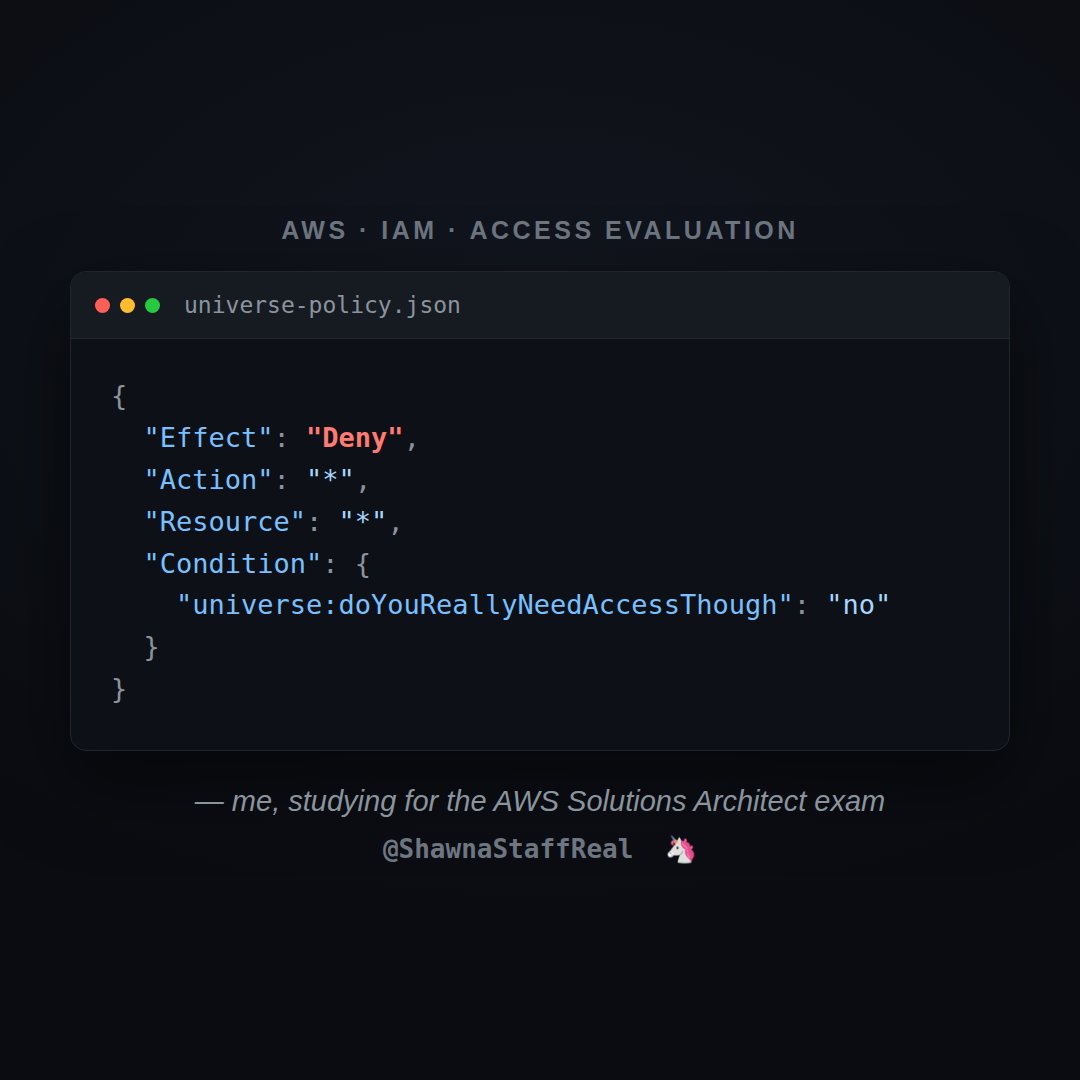 ShawnaStaffReal's tweet photo. Studying for the AWS Solutions Architect exam and I've decided IAM policies are just the universe's way of asking "but do you really need access though." https://t.co/uSgSKPeEJg