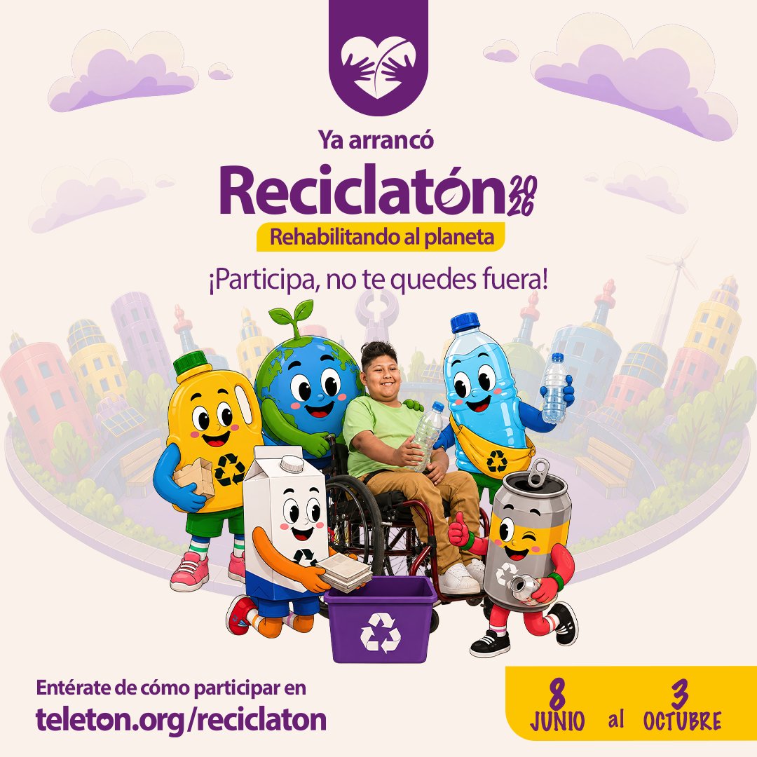 TeletonMexico's tweet photo. 💜 ¡Faltas tú! 
Lleva PET, HDPE, aluminio y Tetra Pak® a tu Centro Teletón más cercano y apoya la rehabilitación de miles de niñas y niños.
Más información en https://t.co/BLSCVpOEHs https://t.co/KkqM1QpNau