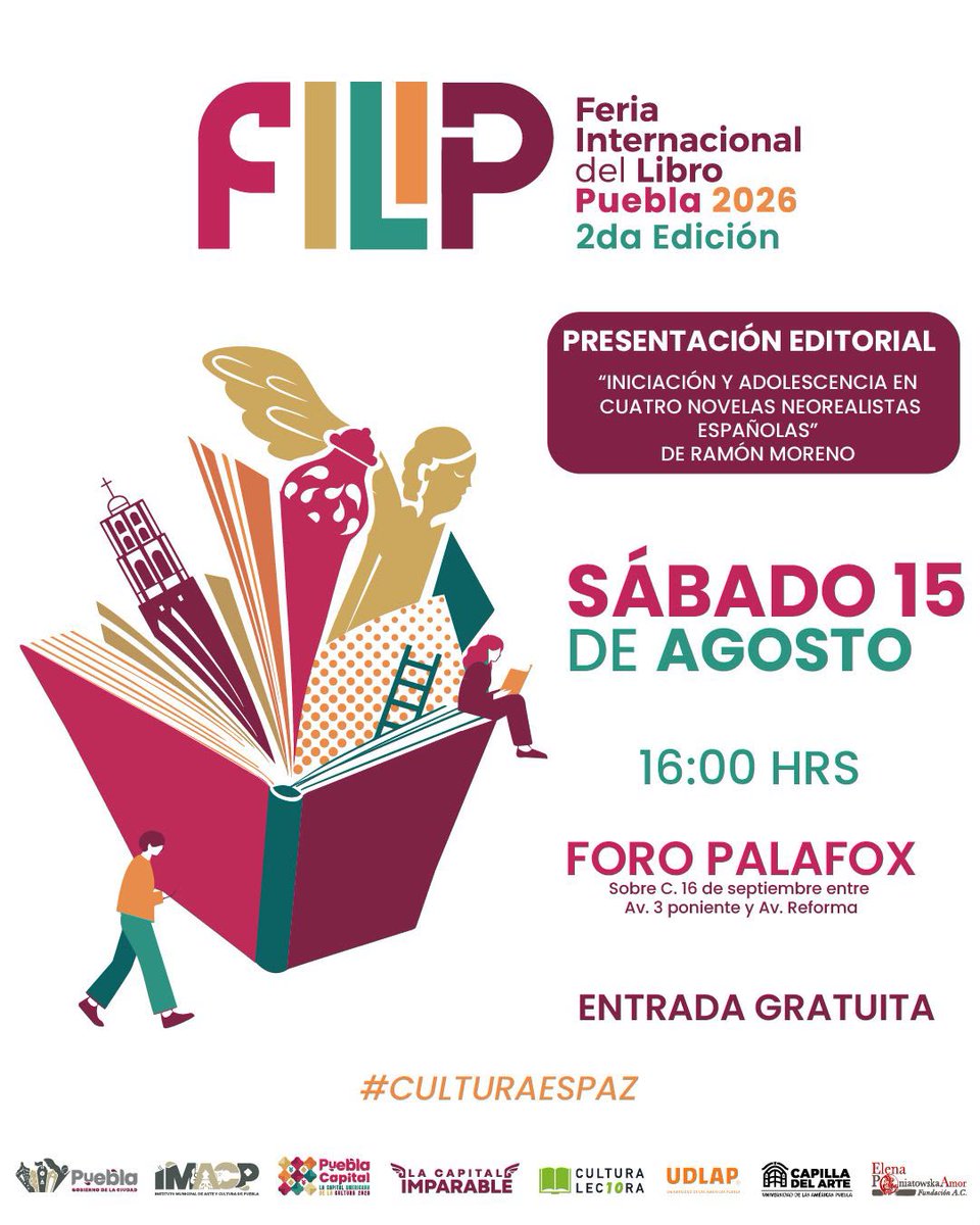 IMACP's tweet photo. 📖 | Conversatorio, libros y grandes historias en la #FILIP2026.📚

Vive una jornada llena de literatura, inspiración y nuevas voces en #PueblaCapitalAmericanadelaCultura2026. 🗣️       

🗓️ 15 Agosto. 
📍 Foro Palafox. https://t.co/HKHElez6j8