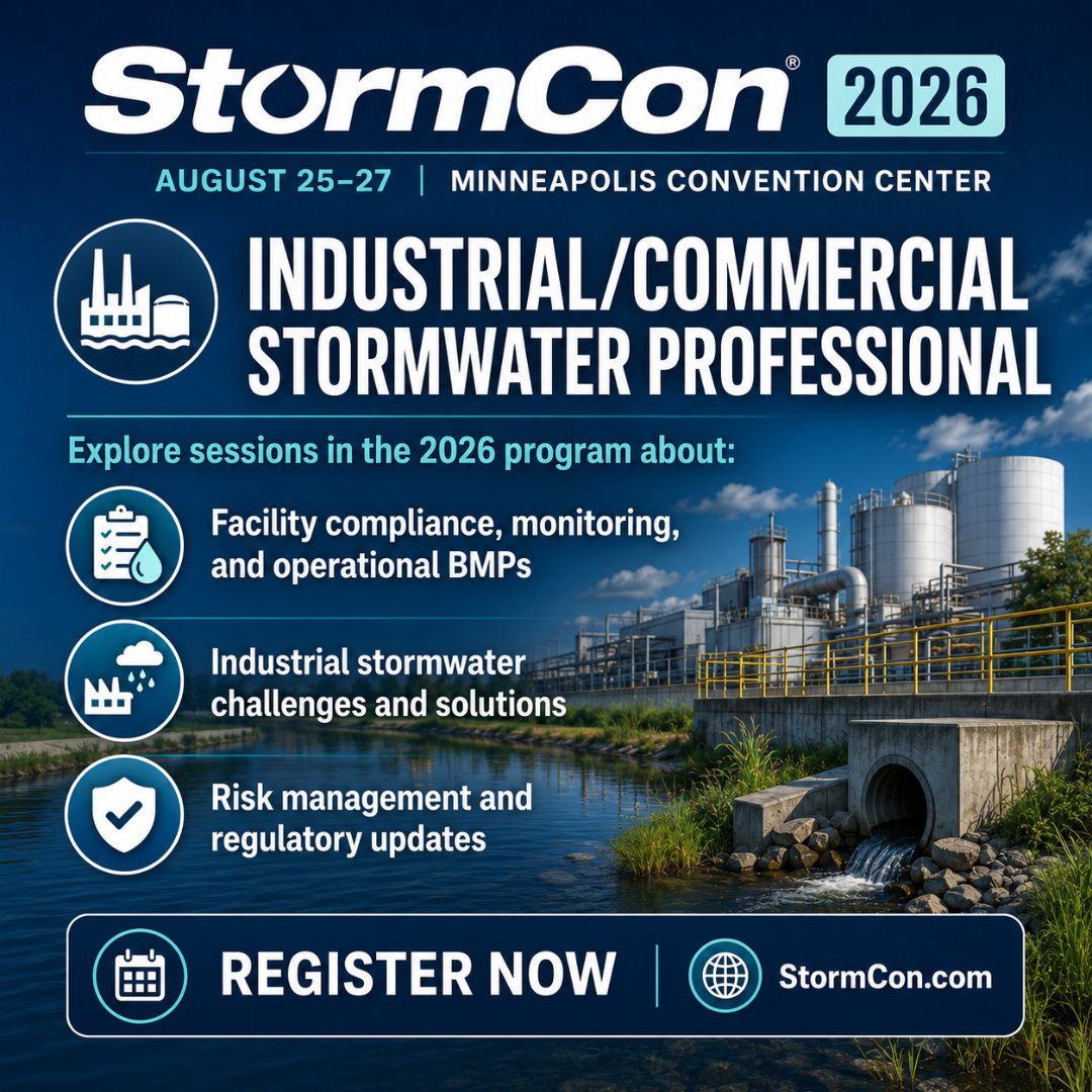 StormCon's tweet photo. Industrial &amp; commercial stormwater pros: gain practical education at #StormCon 2026.

Explore 40+ sessions, learn from 65+ speakers, and earn up to 12.5 PDH credits.

Lock in your pass: https://t.co/BE57JSHUv2

#IndustrialStormwater #CommercialStormwater #BMPs #Compliance https://t.co/yb5KSgTWyB