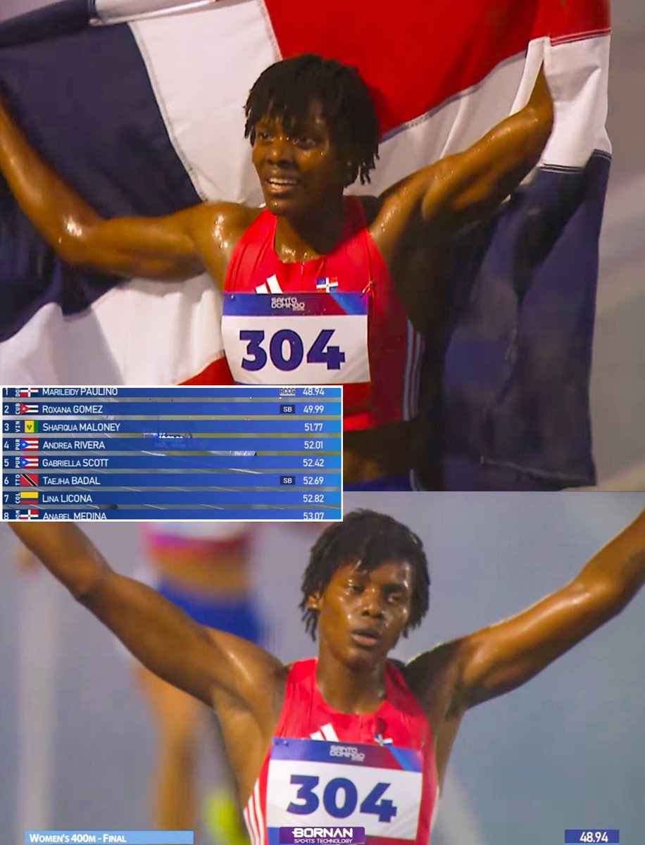 TrackGazette's tweet photo. 48.94s under pouring rain!! 🤯🔥

What a performance from Marileidy Paulino 🇩🇴!

Roared on by the home crowd in Santo Domingo, the Dominican stormed to 48.94s to win the women's 400m title at the CAC Games despite the torrential rain.

She finished ahead of Roxana Gomez 🇨🇺, who ran 49.99s for Silver, while Shafiqua Maloney 🇻🇨 claimed Bronze in 51.71s.