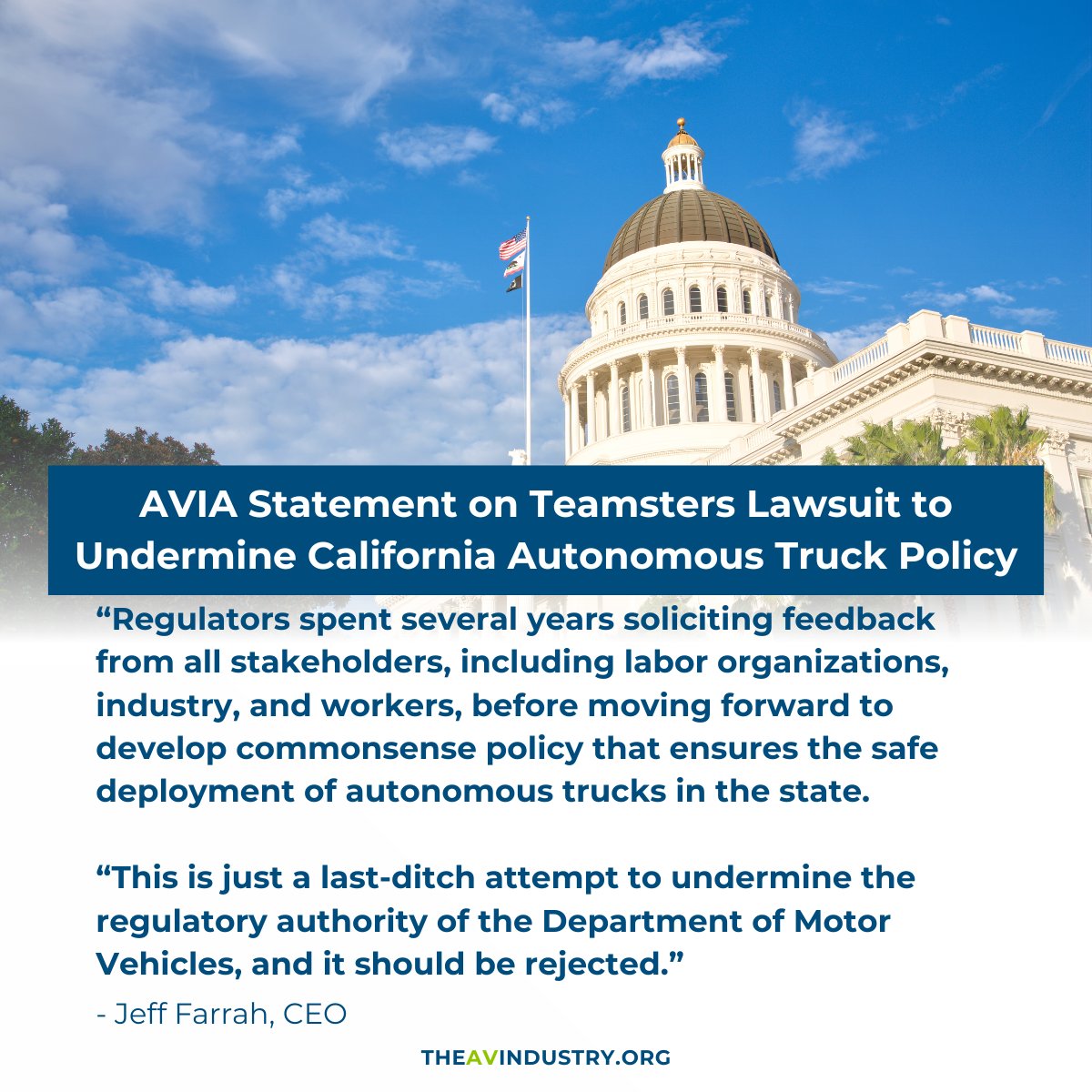 theavindustry's tweet photo. AVIA has released the following statement  regarding a new lawsuit filed by the California Teamsters against  several state agencies over autonomous trucking policy that was adopted  earlier this year. https://t.co/skZEBUS0i1