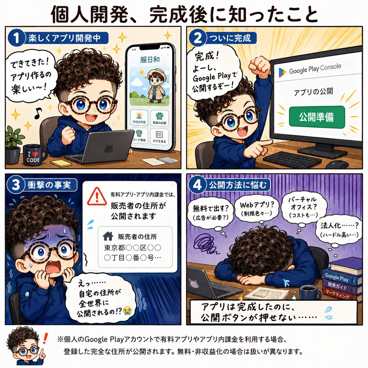 tiki_appdev's tweet photo. アプリが完成したのに公開ボタンが押せない…

Google Playでは、有料アプリやアプリ内課金を使うと、登録した完全な住所が公開されると知って震えた…😭

無料で出す？ Webアプリにする？ バーチャルオフィス？ 法人化？

個人開発者のみなさん、どうしてますか？
#個人開発 #アプリ開発 https://t.co/oRYseAWum8