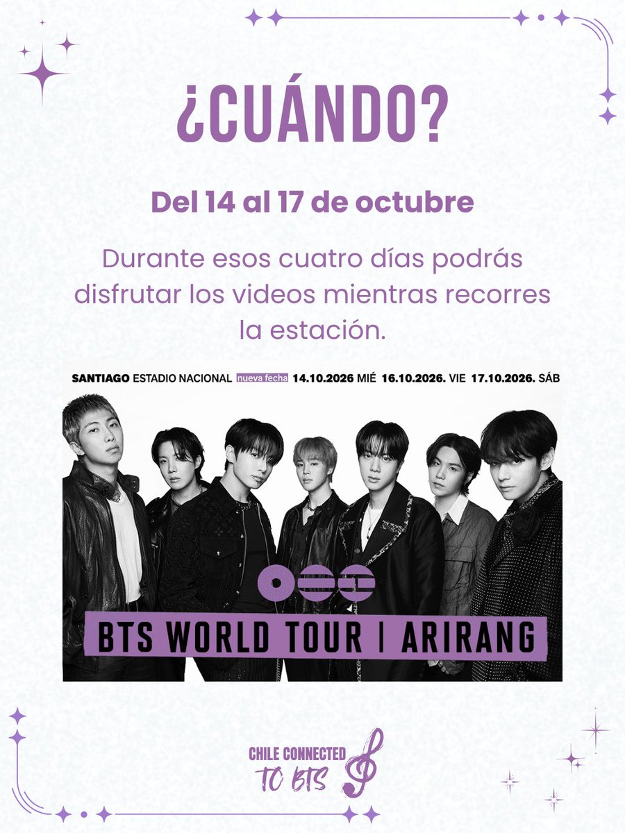 ConnectedBts's tweet photo. @BTS_twt Te dejamos la información en que consiste, donde estará  ubicado y que días exactamente 👇🏻

Que lo disfrutes Army Chile 🇨🇱💜👏🏻 https://t.co/0erVsfBvI3