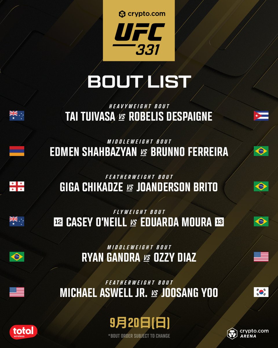 ufc_jp's tweet photo. ロサンゼルスが舞台の #CryptoCom #UFC331 対戦カード📢

日本時間9月20日（日）開催❗️ https://t.co/KD3jQnAMGd