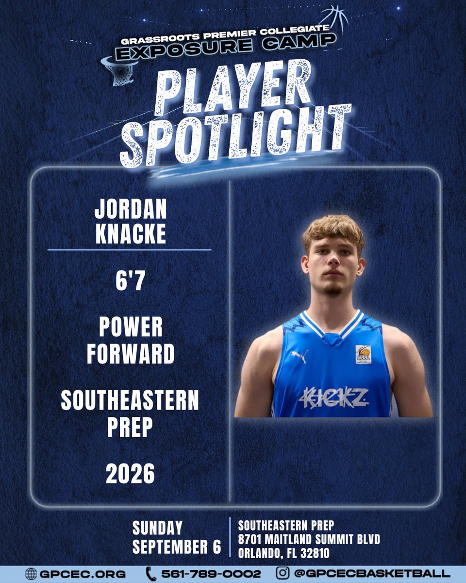 GPCECBASKETBALL's tweet photo. Our next player spotlight for our 3rd Annual Fall Showcase is Jordan Knacke 📸 

Jordan is attending Southeastern Prep for a post grad year and is locked in!

🗓️ September 6, 2026
📍 Orlando Florida 
🏟️ Southeastern Prep 
⏰ Morning and Afternoon Sessions Available 
📝 Recruitment and Scouting from College Coaches and Media
🎥 Exposure and Highlight Films Available 
📞 561-789-0002
🔒 Lock In!!

#basketball #recruiting #exposure