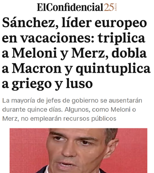 CCivicaCatalana's tweet photo. El solidario y progresista Sánchez es el que más vacaciones se toma en Europa a costa de los contribuyentes y más cuestan.

Y la malvada ultraderechista Meloni es la más honesta con sus ciudadanos, pagándose sus propias vacaciones y usando menos días.

Por si no lo ves en TVE. https://t.co/6SplnPsf7I