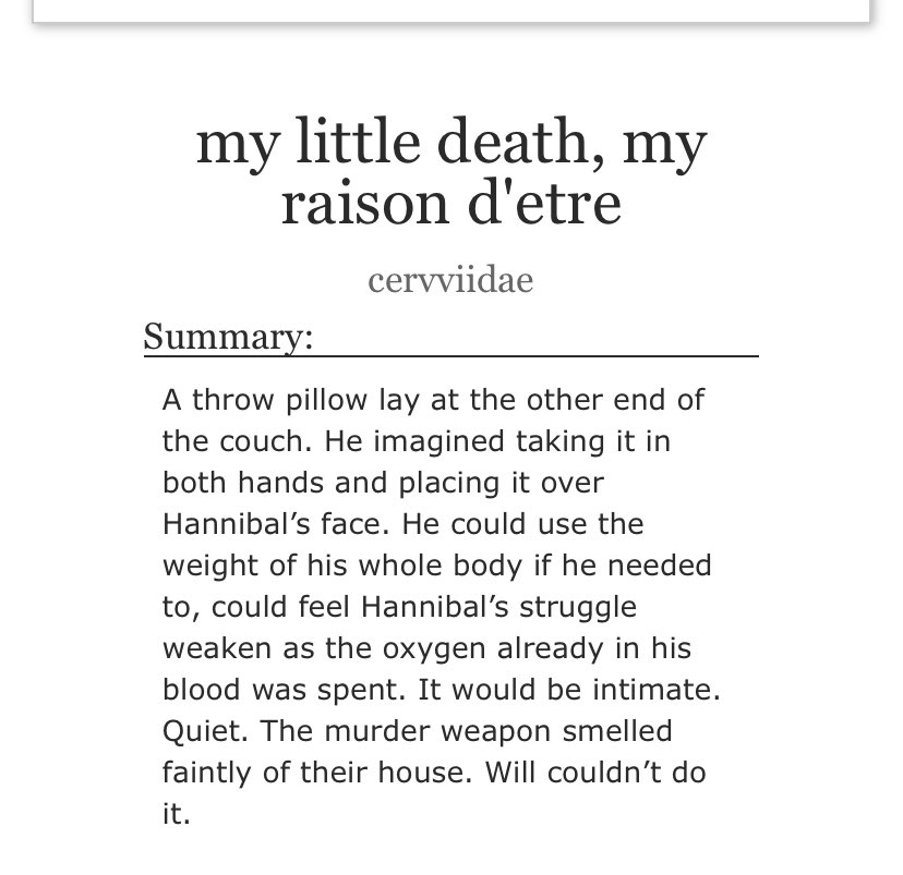 cervviidae's tweet photo. my little death, my raison d'etre | 16k words 

Post-fall Will and Hannibal still sometimes really, genuinely want to kill each other. They just love each other too much to ever quite go through with it. <3

🔗 https://t.co/WkWPUFW4mg https://t.co/ChnylUCxcM