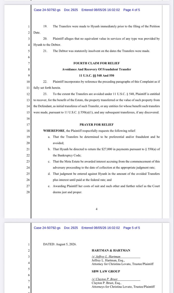 kimkep4796's tweet photo. 🚨⚖️ META MATERIALS INC. (MMAT)

Case No. 24-50792-gs

📄 Docket No. 2925 – Complaint (Preferential & Fraudulent Transfers)

📅 August 5, 2026

⚠️ Not Legal Advice

🚨 TRUSTEE FILES COMPLAINT AGAINST DAT HYUNH (d/b/a Dat Hyunh Consulting) 💼

The Chapter 7 Trustee has filed a complaint seeking to recover $27,000 paid to Dat Hyunh Consulting just days before Meta filed bankruptcy. The Trustee alleges the payments were both preferential and fraudulent transfers. These are allegations only at this stage. 

🔍 Quick Layman’s Summary

💰 Payments at Issue

August 7, 2024: $9,000
August 8, 2024: $18,000
Total: $27,000 💵 

⭐ What Really Stands Out

🚩 The Trustee alleges there is no documentary evidence that Dat Hyunh ever provided consulting services to Meta. 🤨 

🚩 The complaint also alleges there were no known invoices, contracts, or records showing the company owed Hyunh money. 💸 

🚩 The payments were allegedly made immediately before the Chapter 7 bankruptcy filing while Meta was insolvent. 

📌 Trustee Requests

✅ Recover $27,000

💵 Return the funds to the bankruptcy estate

📈 Plus interest, costs, and any additional relief the Court finds appropriate.