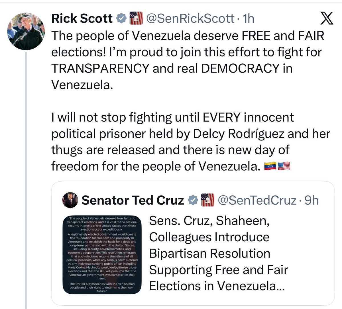OrlvndoA's tweet photo. #AHORA | Senador Rick Scott se suma a las voces pidiendo elecciones libres en Venezuela:

“No dejaré de luchar hasta que cada prisionero político inocente retenido por Delcy Rodríguez y sus matones sea liberado y haya un nuevo día de libertad para el pueblo de Venezuela”. https://t.co/eiTzRwMqn7