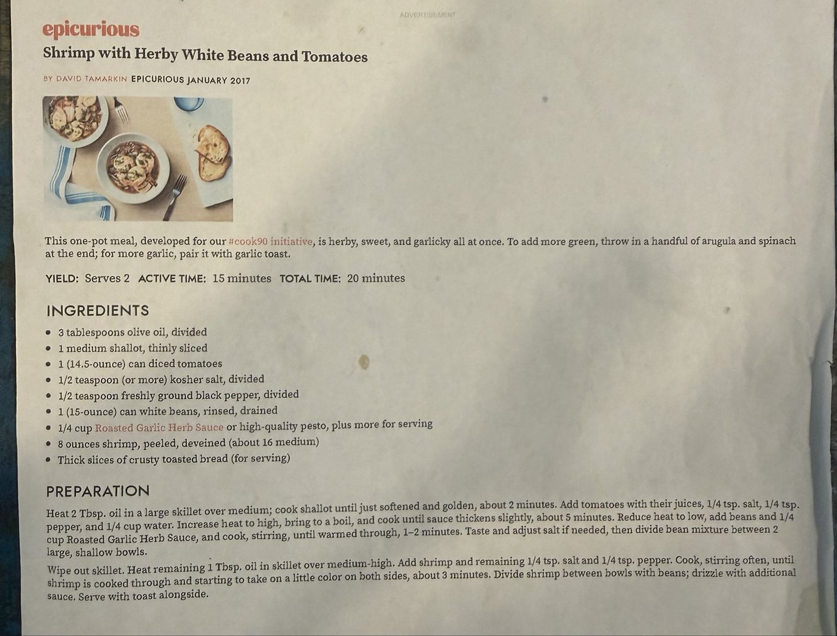 tired_woke's tweet photo. I double the recipe and 4x the shrimp for 6 servings:
Shrimp- $16 for 2 pounds 
Cannellini beans- 2 cans at $1ea
Fire roasted tomatoes- 2 cans at $1.59ea
Shallots- 2 at 35¢ea
I add an onion as well- 75¢
4 slices of sourdough toast- 27¢ ea
Olive oil- ~50¢
Pesto- homemade from garden basil, ~$2 for olive oil, pine nuts, and Parmesan 

= ~$26.53 for 6 servings 

So it’s actually closer to $4.50/ serving

The point is, if you cook at home and shop efficiently you can feed your family a healthy meal for a little bit of money, but some of you aren’t ready for that conversation.