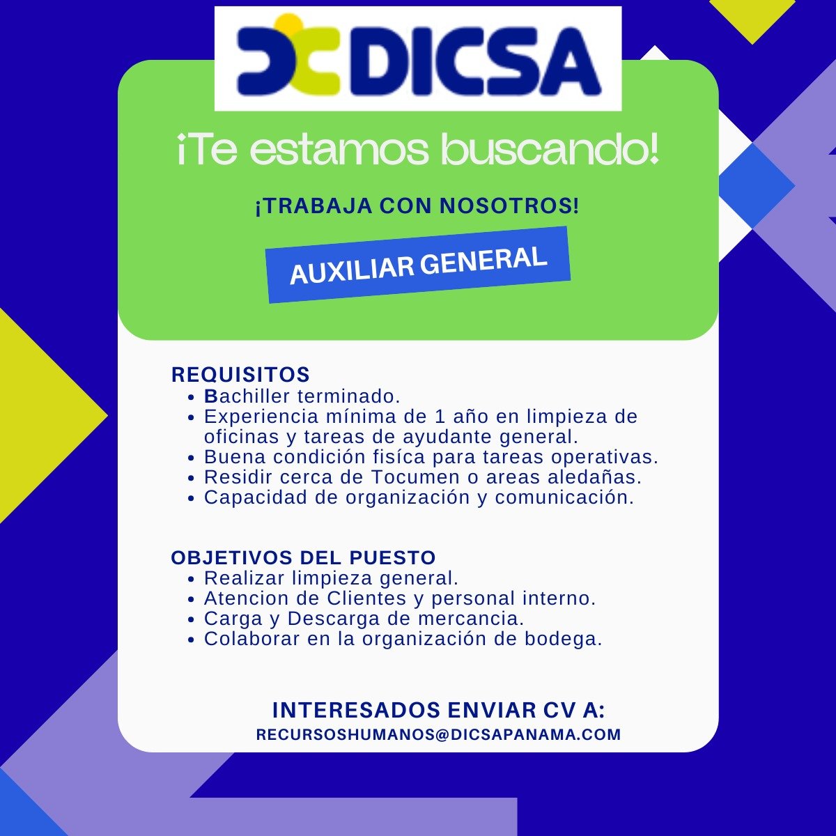dalethmarlyn's tweet photo. ¡Estamos contratando! 📢
Forma parte del equipo de DICSA. Si cumples con el perfil de alguna de nuestras vacantes, ¡queremos conocerte!
📩 Envía tu hoja de vida a: recursoshumanos@dicsapanama.com https://t.co/uSIS7TV4KX