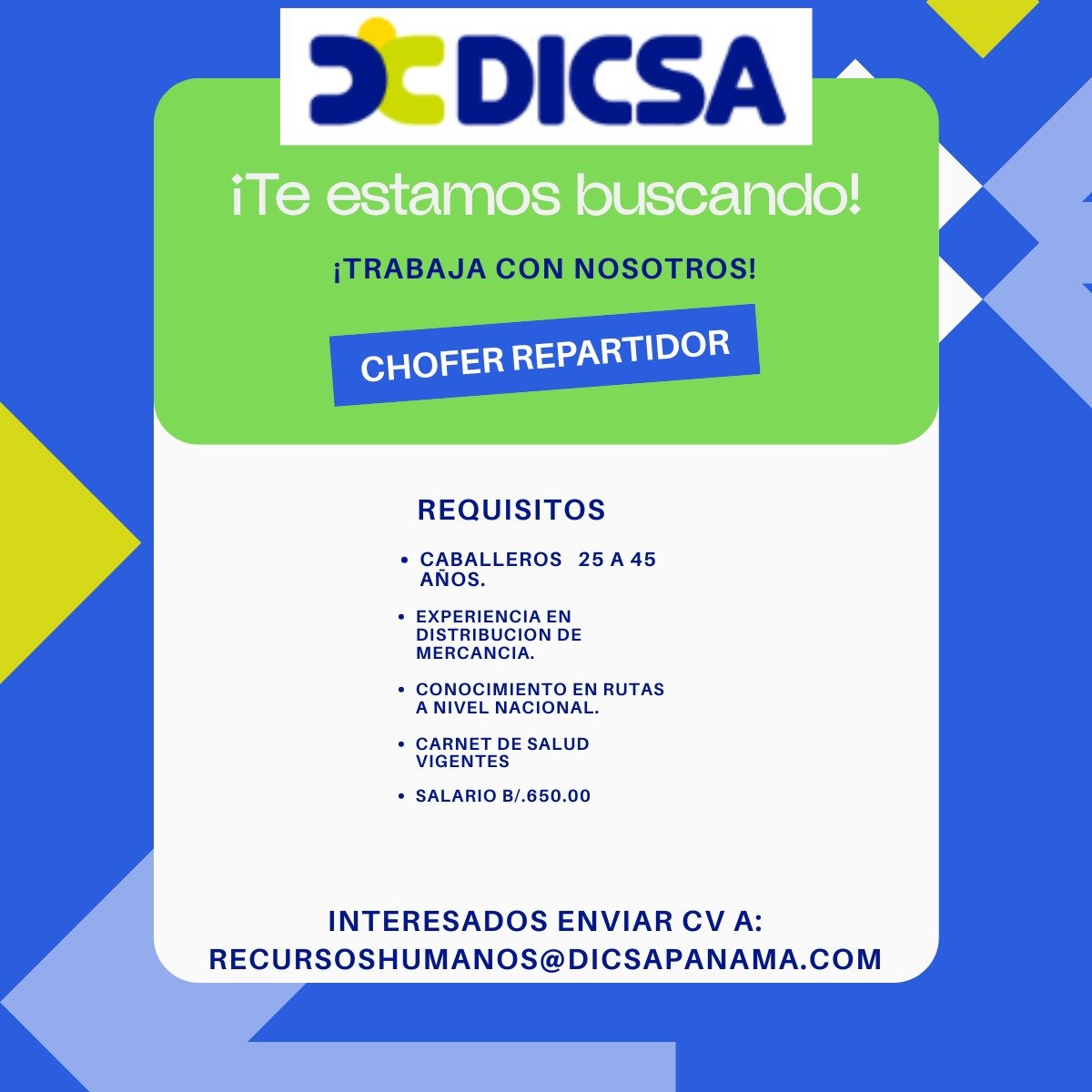 dalethmarlyn's tweet photo. ¡Estamos contratando! 📢
Forma parte del equipo de DICSA. Si cumples con el perfil de alguna de nuestras vacantes, ¡queremos conocerte!
📩 Envía tu hoja de vida a: recursoshumanos@dicsapanama.com https://t.co/uSIS7TV4KX