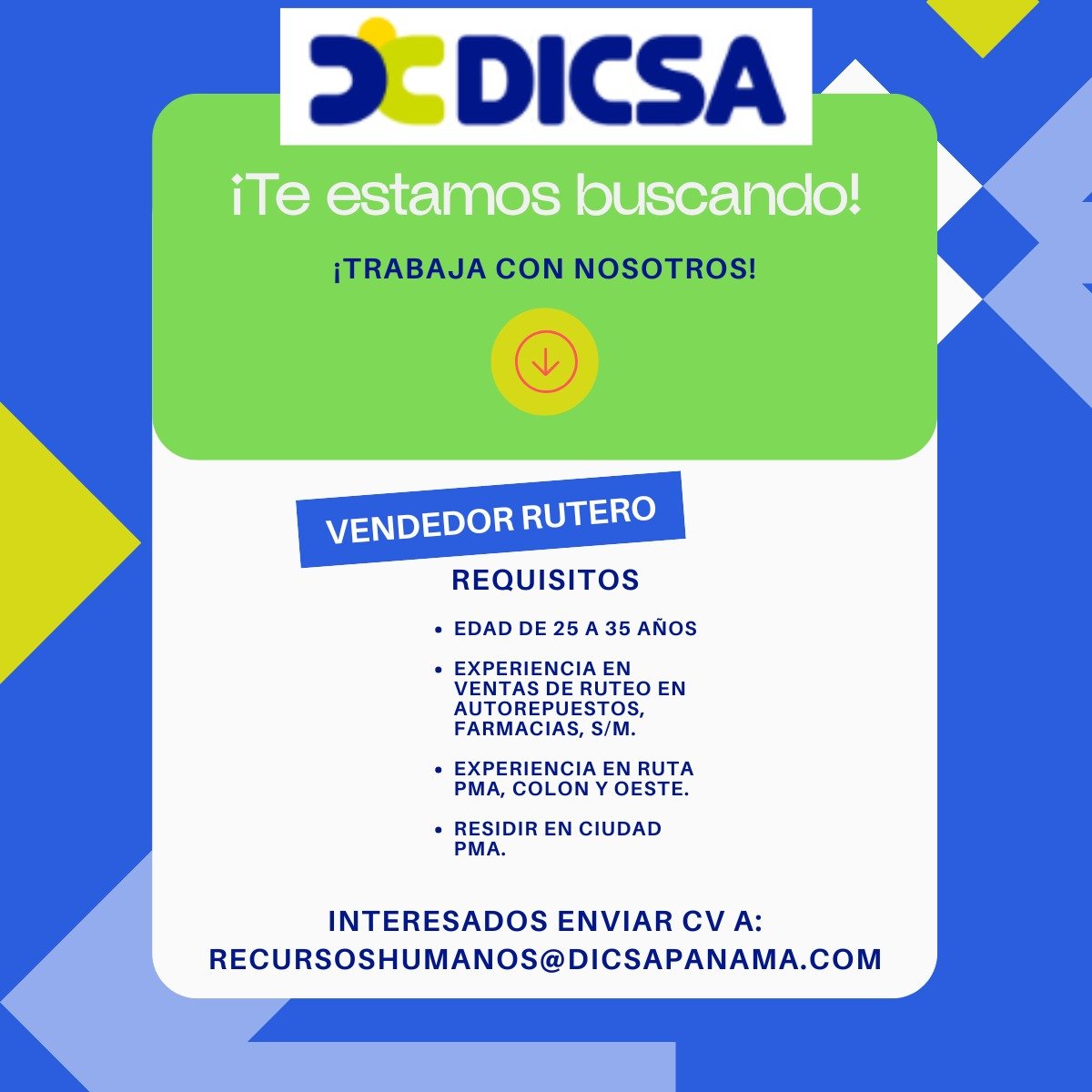 dalethmarlyn's tweet photo. ¡Estamos contratando! 📢
Forma parte del equipo de DICSA. Si cumples con el perfil de alguna de nuestras vacantes, ¡queremos conocerte!
📩 Envía tu hoja de vida a: recursoshumanos@dicsapanama.com https://t.co/uSIS7TV4KX