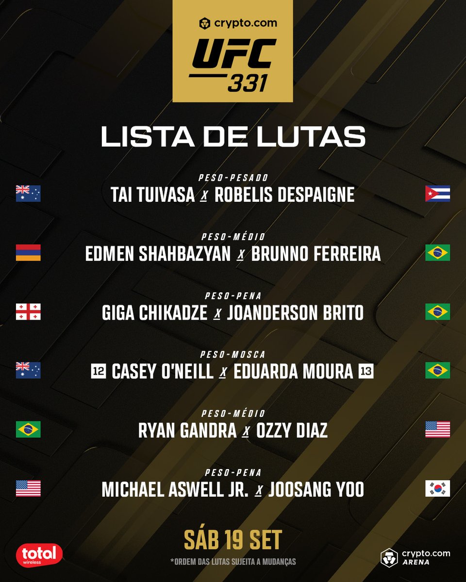 UFCBrasil's tweet photo. Foi aqui que pediram um CARD COMPLETO? 🔥

Lutas confirmadas para o #CryptoCom #UFC331! ✅ 

Teremos Brasil na disputa de cinturão e grandes nomes do nosso país no evento! 🇧🇷 

[ Assista ao vivo SOMENTE no @ParamountPlusBR ] https://t.co/hrs8Q2gNGt