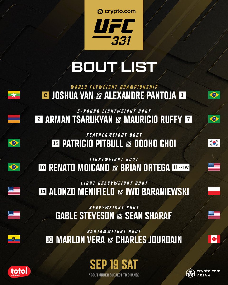 ChampRDS's tweet photo. 🚨 BREAKING: The UFC just announced the main card for UFC 331 on September 19 👀

Main Event - Joshua Van vs Alexandre Pantoja

Co-main Event - Arman Tsarukyan vs Mauricio Ruffy https://t.co/Wgws22FV2p