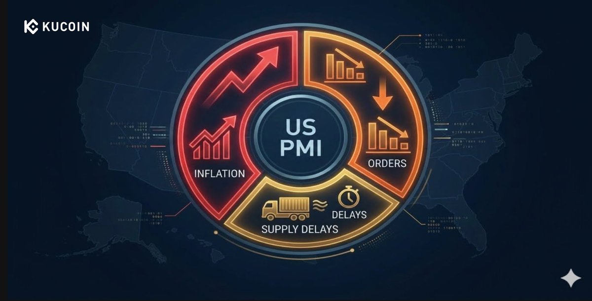 kucoincom's tweet photo. Is the US economy flashing warning signs for the crypto market? ⚠️📉

The July US PMI data just revealed a complex macroeconomic scenario, pointing toward the threat of stagflation and prolonged liquidity tightening.

The latest KuCoin blog breaks down what the numbers actually mean for digital assets:

📉 Weak New Orders: A significant deceleration in new business indicates softening end demand, with earlier orders artificially inflated by tariff front-loading.
🚢 Supply Chain Bottlenecks: Supplier delivery delays have hit a 4-year high due to Red Sea rerouting and artificial port congestion.
🔥 Sticky Inflation: Rising input and logistics costs are keeping the Prices Index uncomfortably high, directly complicating the Fed's rate-cut path.
🏦 The Stagflation Threat: With "higher for longer" rates draining global fiat liquidity, high-beta assets like $BTC and the broader DeFi ecosystem face a structural macro stress test.

Navigate the macro crosswinds and read the full analysis here: https://t.co/dOpchWjx03