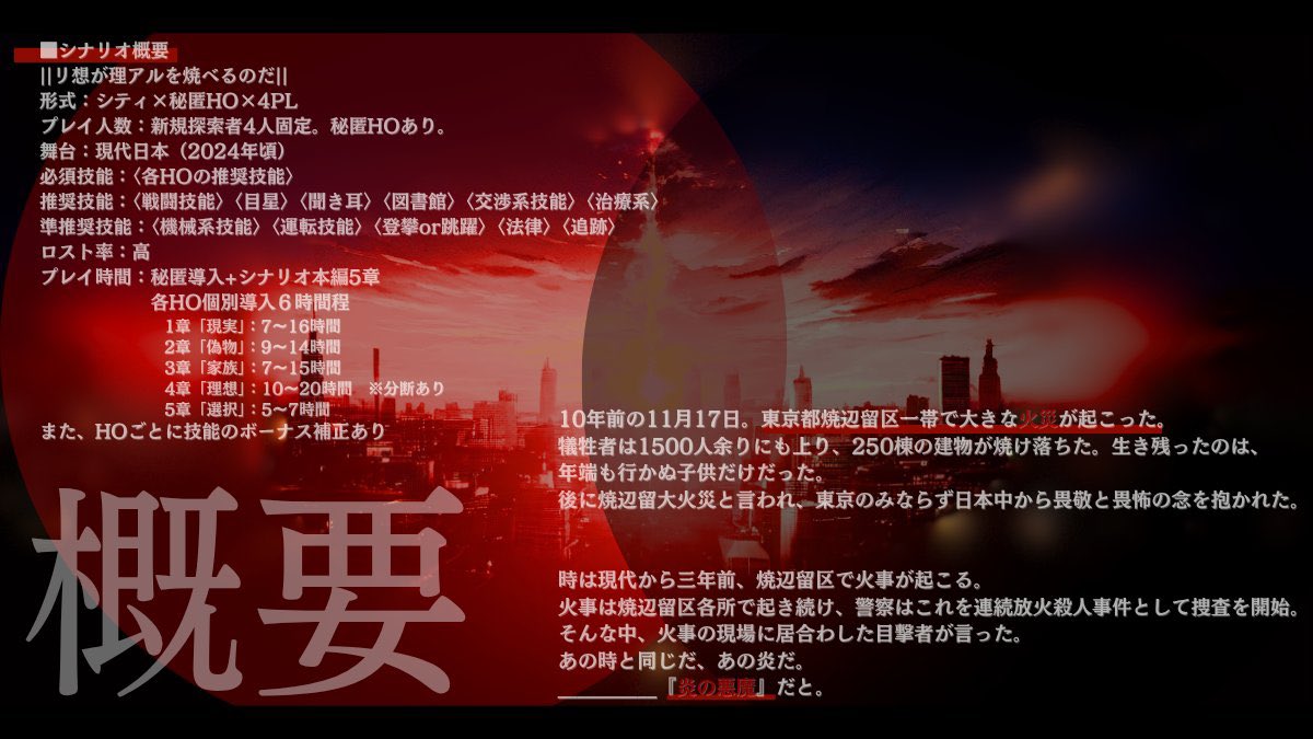 nekoji_youtube's tweet photo. ーー理想を望み生きること、
それは、現実を拒み燃えて消えること。

クトゥルフ神話TRPG第6版
▻ リ想が理アルを焼べるのだ ◅

🚒 【 消防団：10代 】×🚨【 機動捜査隊：20~30代 】

❚ 形式：シティ×秘匿HO制 4PL（新規限定）
❚ ロスト率：高
❚ プレイ時間：30～50時間（全5章＋個別導入あり）

10年前の『焼辺留大火災』。
そして現代、再び現れる「炎の悪魔」。
濃厚な個別導入から紡がれる、圧倒的ボリュームのシティシナリオ。

⚔️ 【HO紹介】
HO1：『夢見人』理想を夢見続ける（19歳消防団）
HO2：『愛思人』愛に理想を見ている（18歳消防団）
HO3：『被害者』理想に焦がれた（28歳刑事）
HO4：『遂行者』理想を追い続ける（30代機捜刑事）

8月30日配布を目指しております！

🔗 https://t.co/X2B4J2j5sf
#TRPGマーケット 
#月初めだし自作シナリオ宣伝する