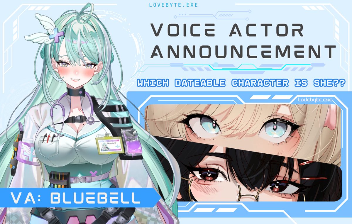 nochistudios's tweet photo. We're thrilled to welcome @bluebellscript as the voice of one of the dateable characters in lovebyte.exe - a VTuber dating chatsim inspired by Mystic Messenger & internet spam✨

Can you guess which chat member she's voicing? The cutie who wants to share merch? The angel who wants to make sure you're ok?

We can't wait for you all to hear Bluebell's voice in-game soon with Early Access releasing on Aug 24th!