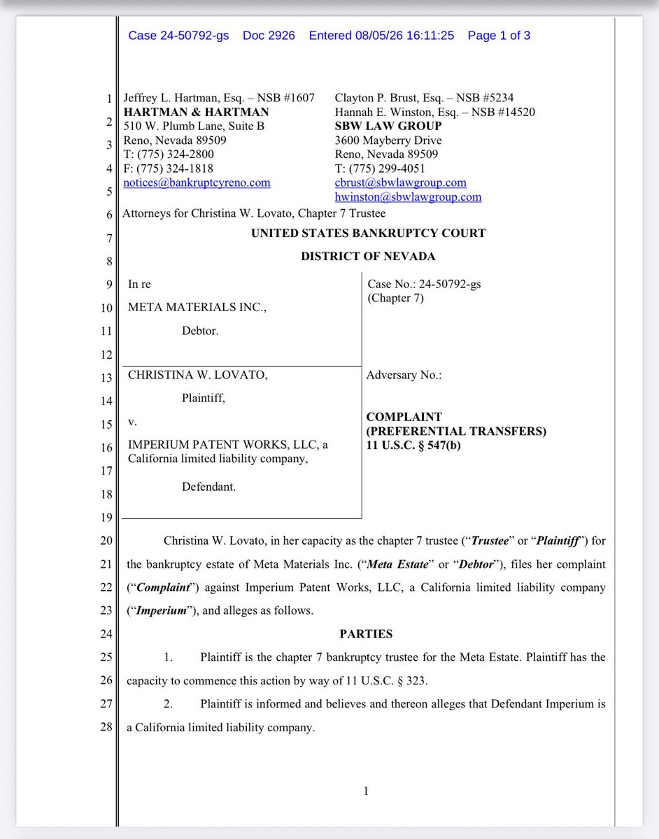 kimkep4796's tweet photo. 🚨⚖️ META MATERIALS INC. (MMAT)

Case No. 24-50792-gs

📄 Docket No. 2926 – Complaint (Preferential Transfers)

📅 August 5, 2026

⚠️ Not Legal Advice

🚨 TRUSTEE FILES COMPLAINT AGAINST IMPERIUM PATENT WORKS, LLC 📑💼

The Chapter 7 Trustee has filed a complaint seeking to recover a $30,010 payment made to Imperium Patent Works, LLC for patent maintenance just 14 days before Meta filed Chapter 7 bankruptcy. The Trustee alleges the payment was a preferential transfer. These are allegations only at this stage. 

🔍 Quick Layman’s Summary

💰 Payment at Issue: $30,010

📅 Payment Date: July 26, 2024

📝 Purpose Listed: Patent maintenance 

⭐ What Really Stands Out

🚩 The complaint notes the payment was made only 14 days before the bankruptcy filing.

🚩 The Trustee also points out that Meta’s bankruptcy schedules did not list any patent assets owned by the company, a fact specifically mentioned in the complaint. The filing itself does not explain why that was the case. 

🚩 The Trustee alleges the payment was made while Meta was insolvent and within the 90-day preference period, making it recoverable for the benefit of all creditors. 

📌 Trustee Requests

✅ Recover $30,010

💵 Return the funds to the bankruptcy estate

📈 Plus interest, costs, and any additional relief the Court finds appropriate.