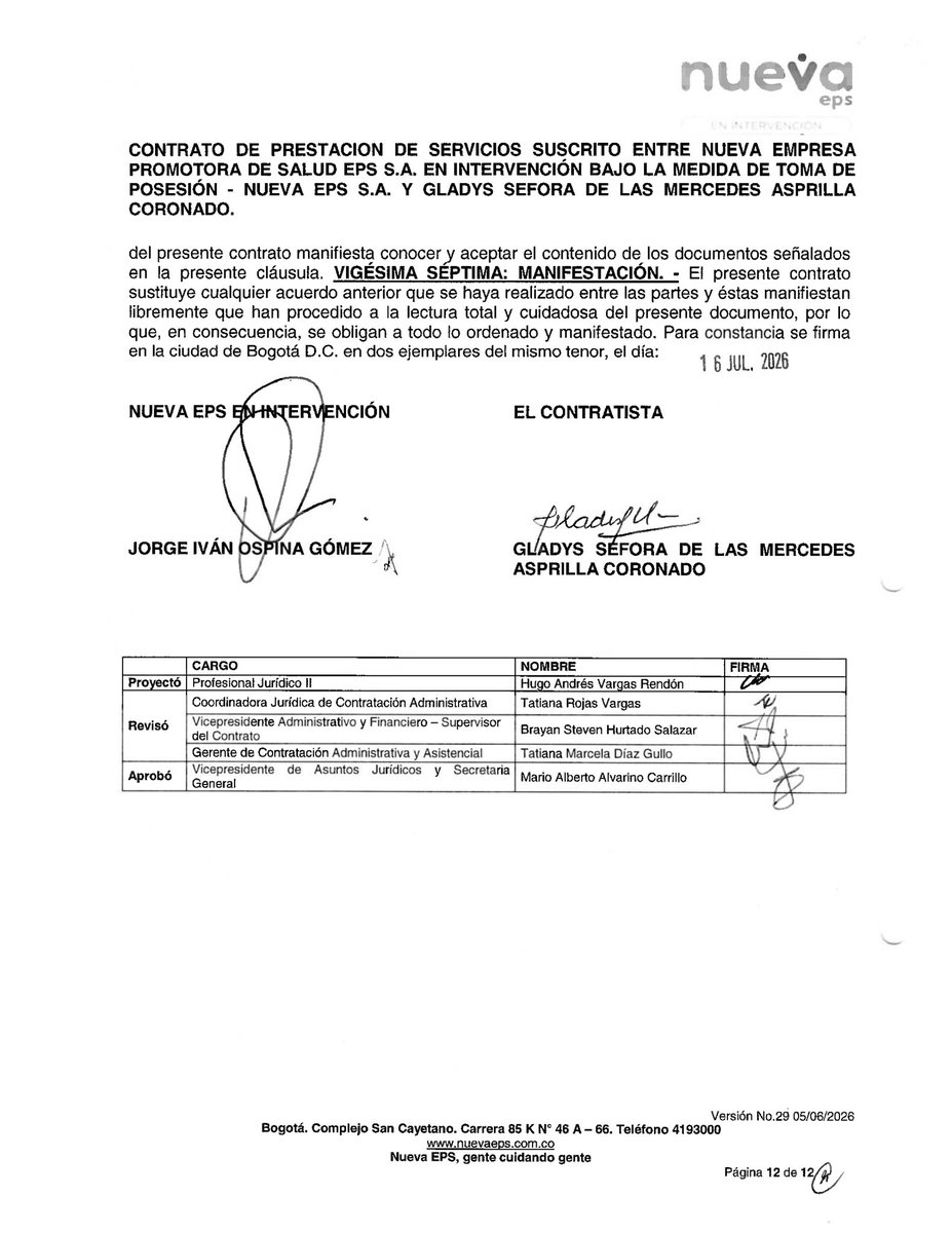 juanmartinbc's tweet photo. 🚨 LA SALUD CONVERTIDA EN BOTÍN POLÍTICO 🚨

Jorge Iván Ospina le firmó a Gladys Asprilla, tía del exsenador Inti Asprilla, un contrato por $232 millones en la Nueva EPS. Fue firmado el 16 de julio y estará vigente hasta el 30 de septiembre de 2026, con pagos de $77,3 millones mensuales.

Mientras los pacientes ruegan por una cita, se están OSPINEANDO los recursos.