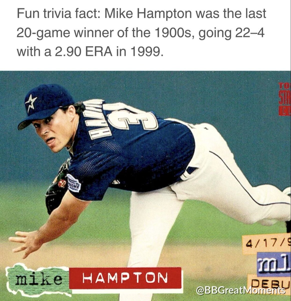 BBGreatMoments's tweet photo. Mike Hampton went 22-4 with a 2.90 in 1999 and it barely comes up anymore.

That was one of the best Astros seasons of the decade. https://t.co/JQ2sHLNaqP