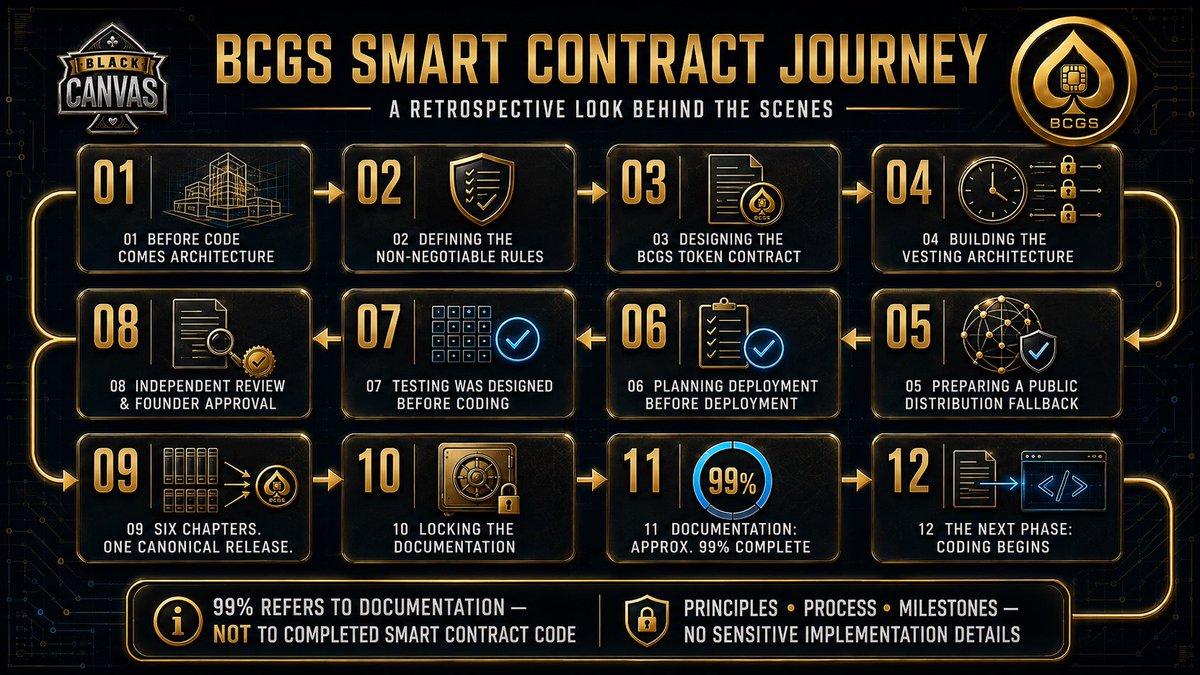 BlackCanvas_BC's tweet photo. Before code comes architecture.
BCGS began with non-negotiable rules, token and vesting design, distribution safeguards, deployment planning, testing and independent review.
The documentation is ≈99% complete—not the code. Coding is the next phase. ♠️
#BCGS #BlackCanvas #Web3 https://t.co/s8AT6Nxju5