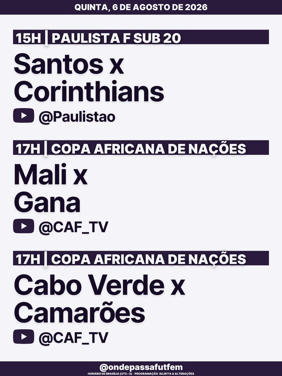 ondepassafutfem's tweet photo. Agenda do futebol feminino na quinta, 6 de agosto! https://t.co/72XKONCu94
