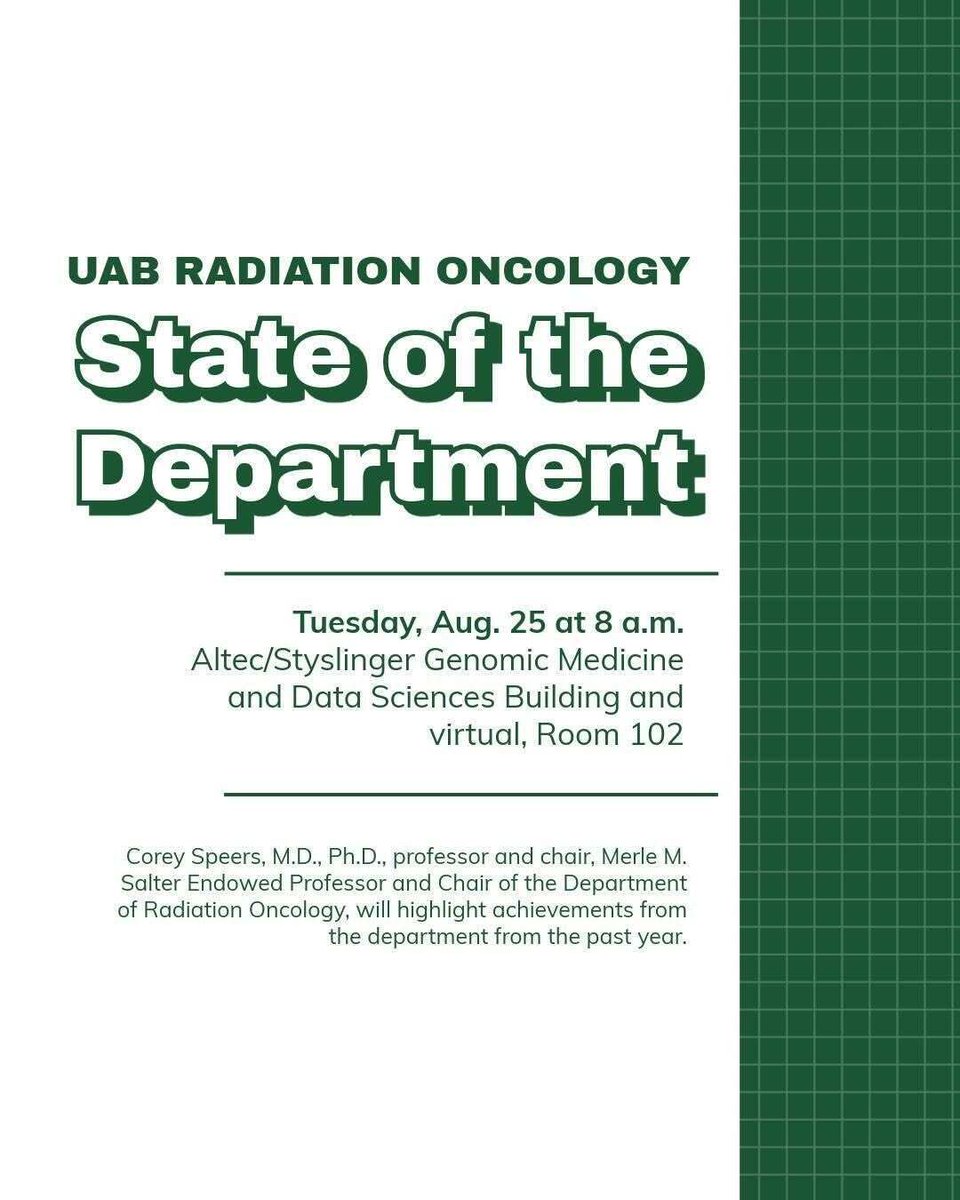 UABradonc's tweet photo. Just 20 days until the 2026 State of the Department!

Join Corey Speers, M.D., Ph.D., on Aug. 25 for a look back at the department's accomplishments and a preview of what's ahead.

Register: https://t.co/RX39z6vLm2 
@UABHeersink https://t.co/FoXjPpHu3S