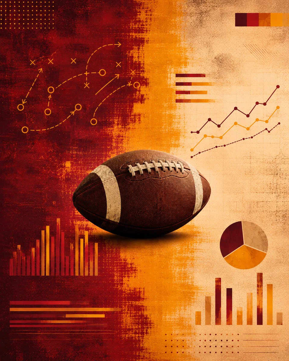 Illustration of an American football centered over a cardinal-and-gold background with play diagrams, line graphs, bar charts, and a pie chart, symbolizing football analytics, game strategy, and performance data.