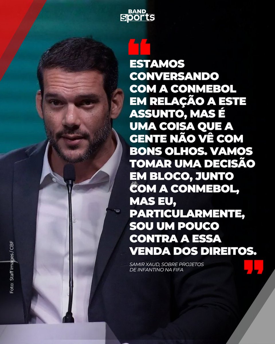 bandsports's tweet photo. "UM POUCO CONTRA' 😕 O presidente da CBF, Samir Xaud, falou sobre a proposta da FIFA de vender os direitos da Copa do Mundo a um fundo privado.
#BandSports #SamirXaud #CBF #FIFA #Conmebol https://t.co/dgxHqFPJpN