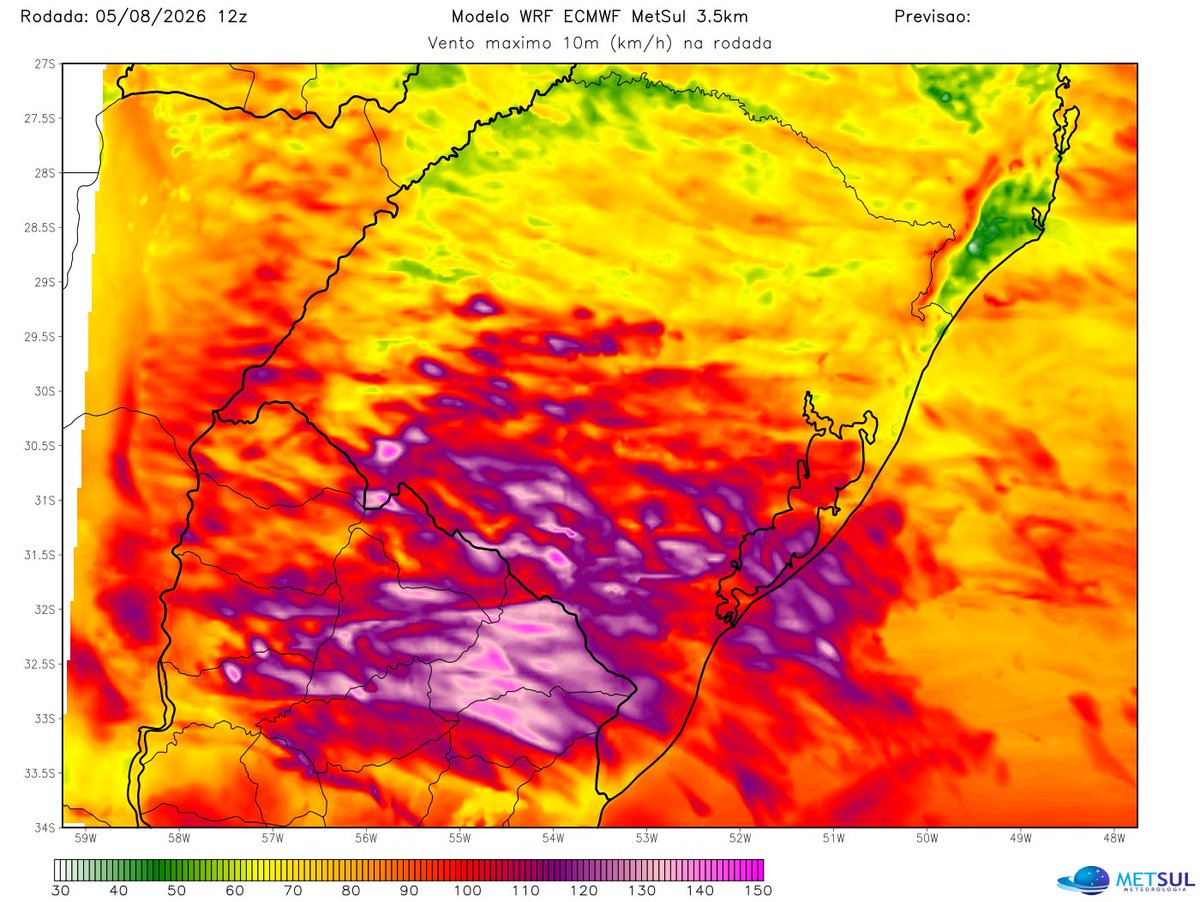 metsul's tweet photo. 🔴 TEMPO | Projeção de vento entre amanhã e sexta do nosso modelo WRF-ECMWF que atualizou agora às 20h. Reiteramos que será um grave episódio de vento entre o Uruguai e o Rio Grande do Sul. Não deixe de ler o nosso alerta muito detalhado em https://t.co/cCRIo33qLf. https://t.co/hRsvftN5ya