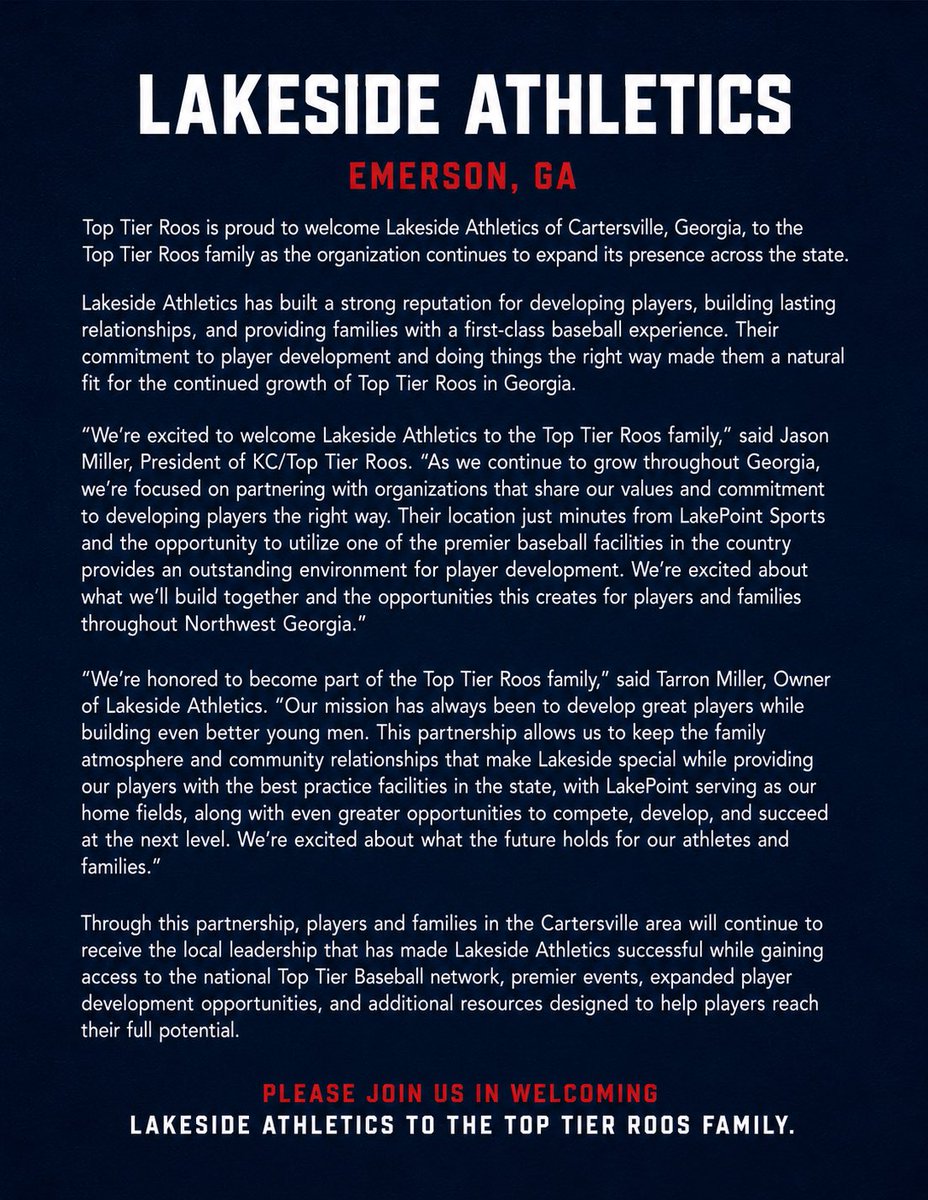 _GoRoos's tweet photo. Please join us in welcoming our newest group to the Top Tier Roos family, Lakeside Athletics, based out of Emerson, GA. Lakeside teams practice/train @lakepointsports, as well as their very own indoor facility two miles up the hill from the park https://t.co/7jKrivxMX8