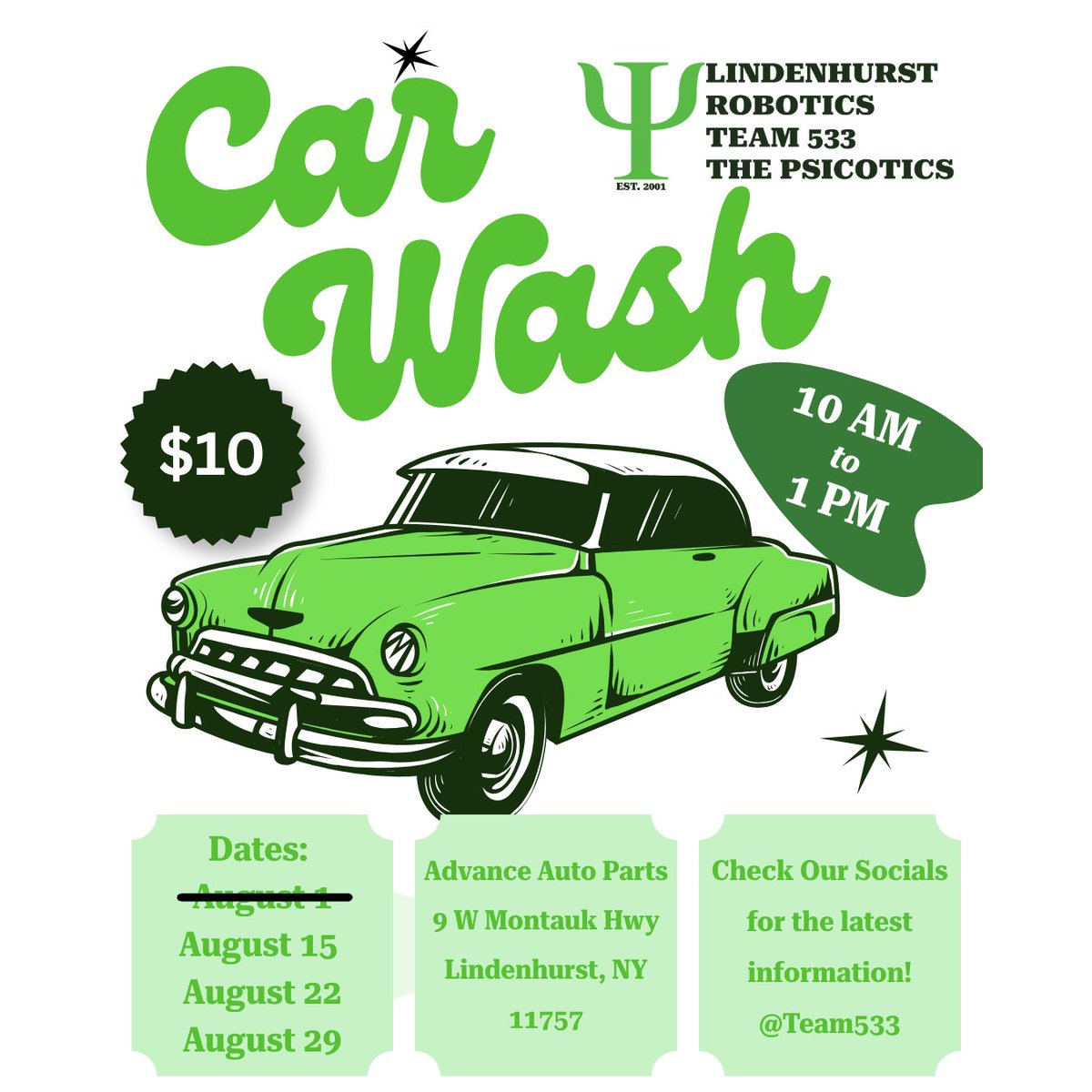 frcteam533's tweet photo. Car Wash 1 was a SMASHING success! These are our remaining dates, come get your car squeaky clean!
Thank you to Advance Auto Parts for hosting these events! The proceeds of these fundraisers will go to the PSIcotics to fund our operations!
#frc #firstrobotics #longisland https://t.co/V0uNbF9ULQ