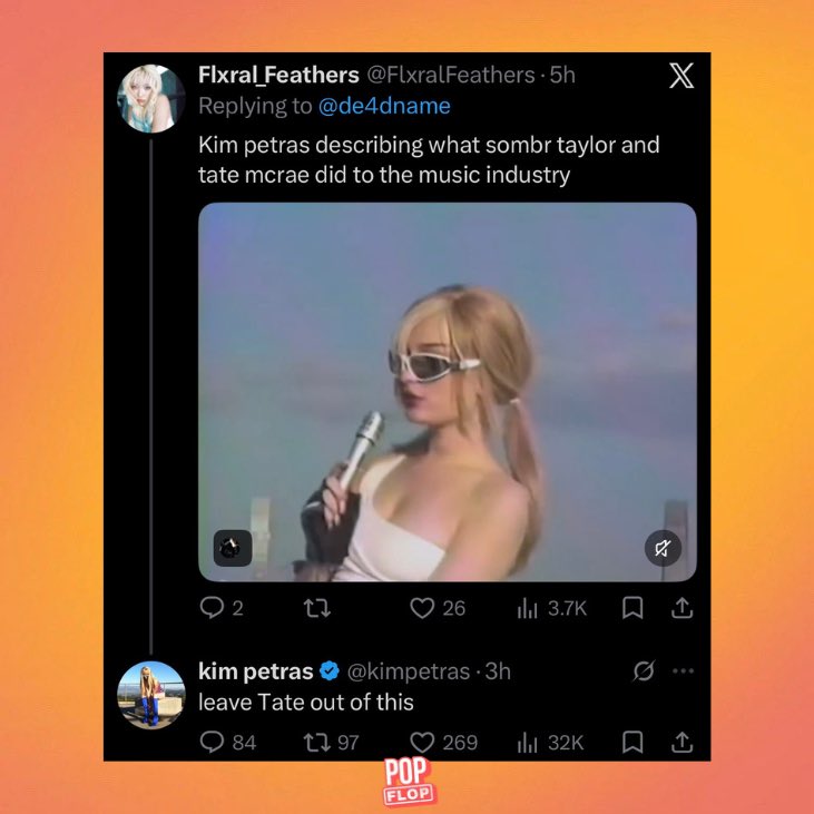 ThePopFlop's tweet photo. Kim Petras defends Tate McRae after a fan tried to include her in a jab at the state of the music industry.

“leave Tate out of this” https://t.co/zOuZMpIRzv