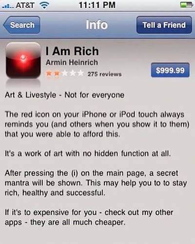 ClassicII_MrMac's tweet photo. 18 years ago today on Aug 5, 2008, developer Armin Heinrich created the "I Am Rich" app that cost $999.99. 

It did absolutely nothing except show a glowing red ruby.♦️

Eight people bought it before Apple pulled it 24 hours later, netting him $5,600 (-Apple fees and 2 returns) https://t.co/EimT65vEnr